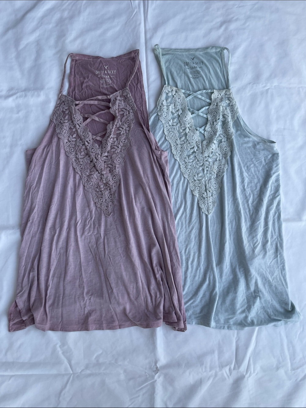 Two American Eagle Outfitters Lace-Front Mauve & Light Blue Tank Top